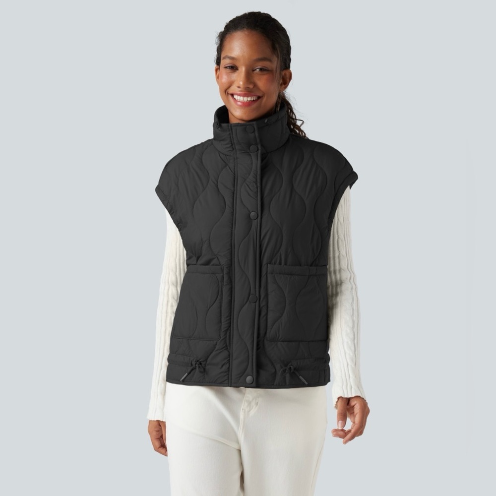🖤Durable Water Repellent High Neck Drawstring Hem Casual Quilted Black Vest NWT